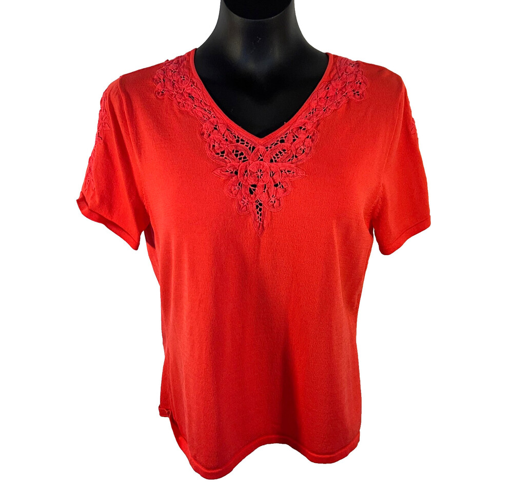 Coldwater Creek - Women's M Blouse Coral Pink Short Sleeve Knit Crochet Accented